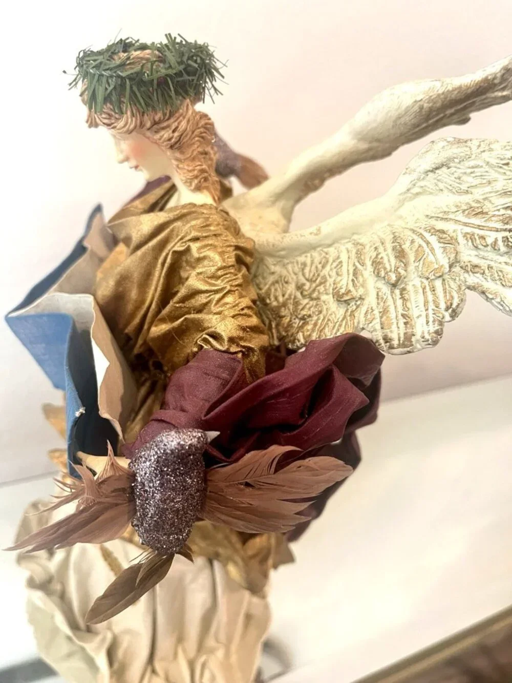 Vtg Christmas Angel Tree Topper Resin Florentine Fabric Mache Bird Book Victoria